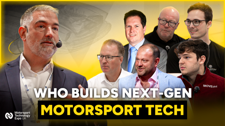 Automotive Storytelling episode card on motorsport technology transfer, with Thomas Rose, Ian Palmer and four more guests
